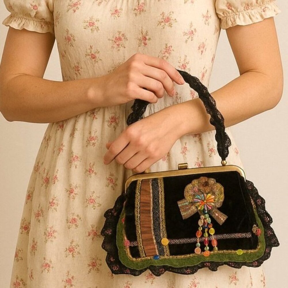 Ziba Velvet Beaded Purse Vintage Cottagecore Floral Lace Boho Romantic Handbag